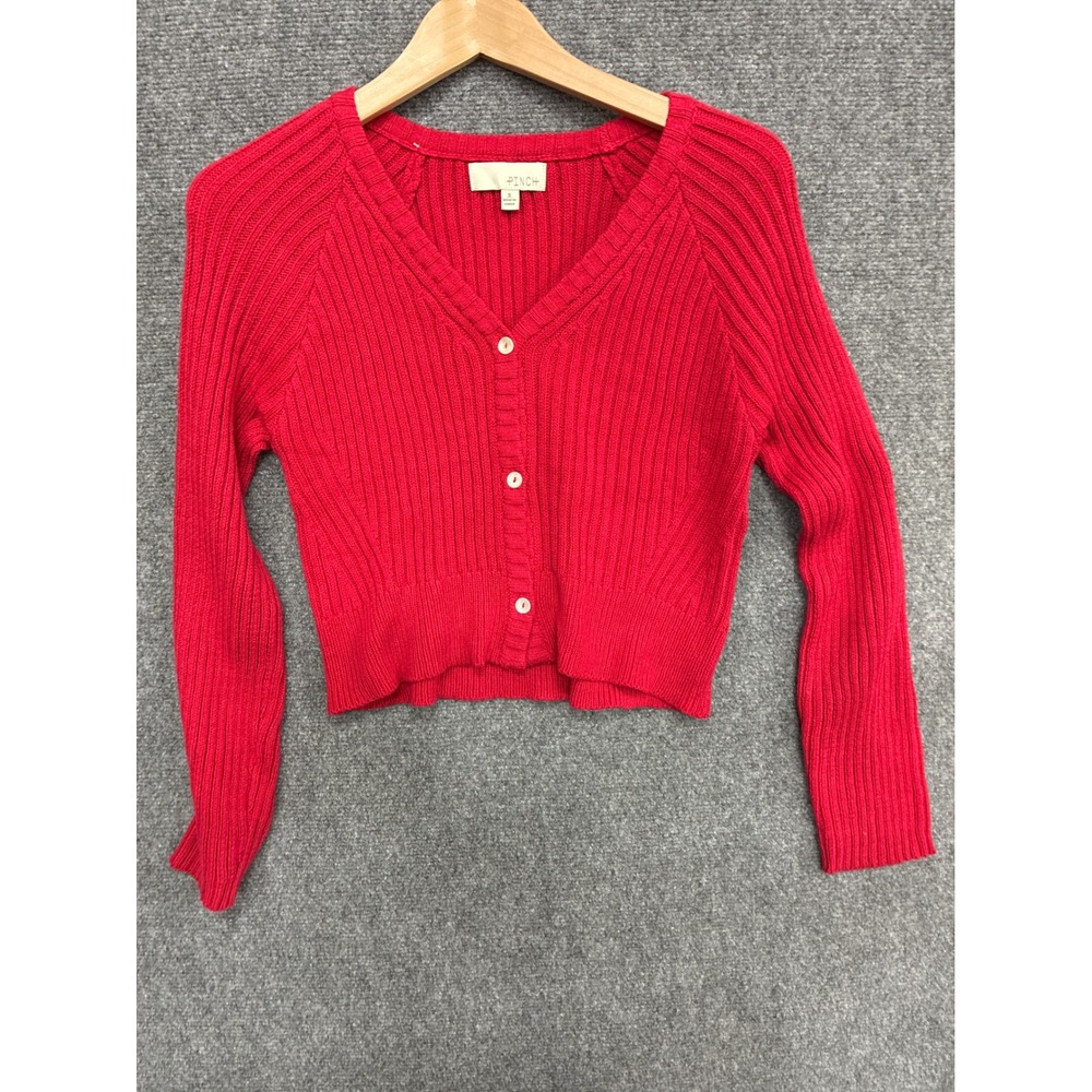 Pinch Red Ribbed Cropped Cardigan Sweater V-Neck Button Front Small 4843W